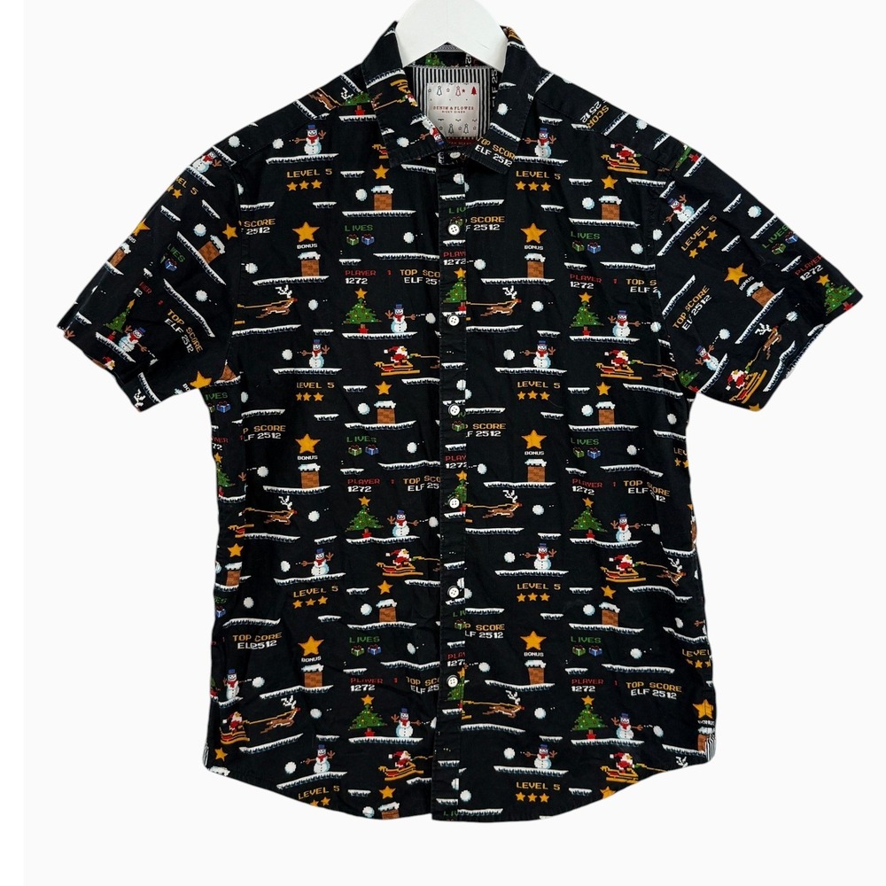 Denim & Flower Ricky Singh Gamer Santa Christmas Shirt Men M 8-Bit Cotton